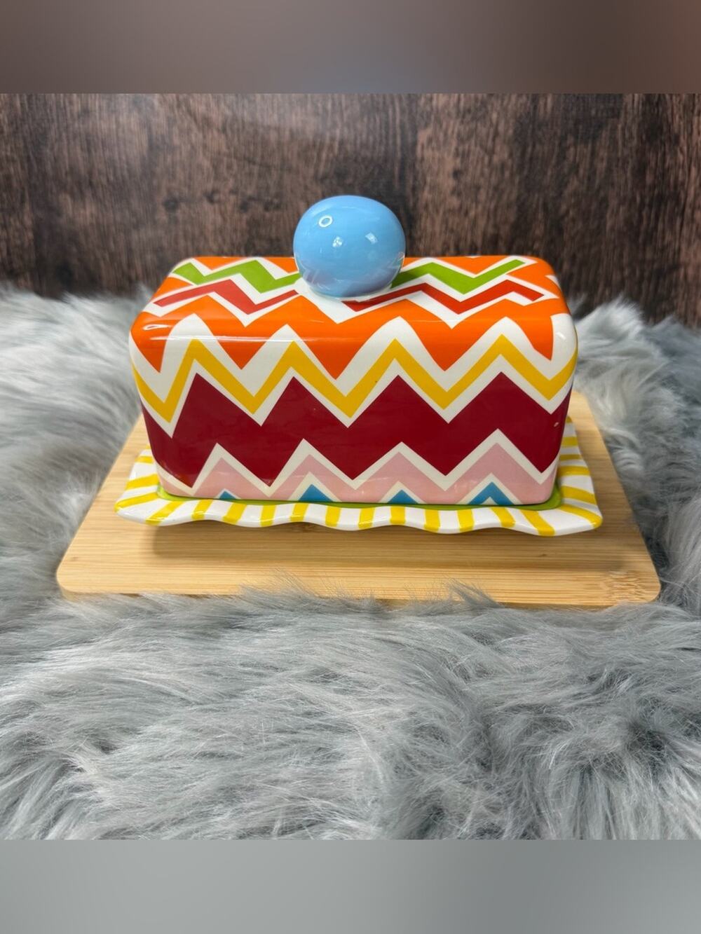 NEW Coton Colors Butter Dish Large chevron zigzag multi colored  RETIRED